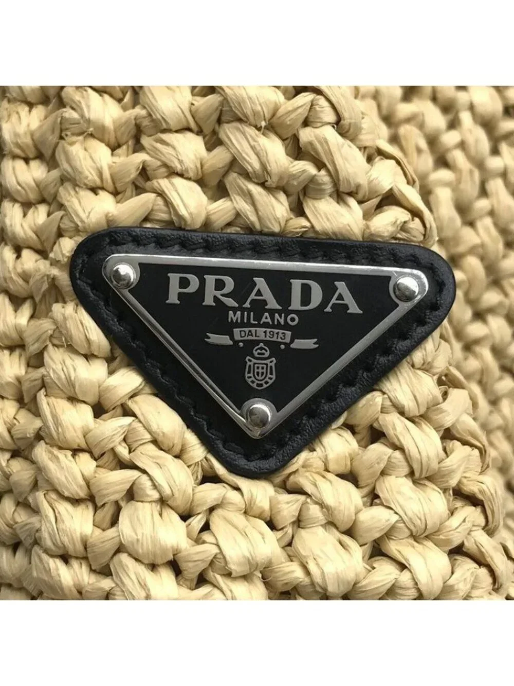Prada Raffia Tote Shoulder Basket Crochet Logo Embroidery